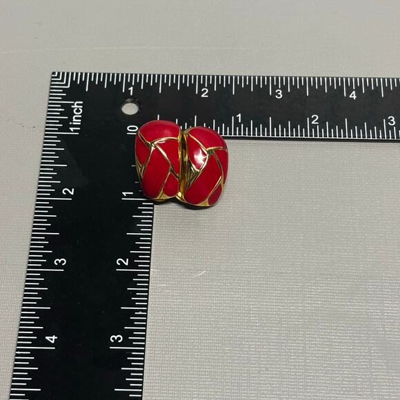 Vintage Red Enamel Clip On Earrings Women Gold Tone Abstract‎ Geometric Design - Picture 3 of 7